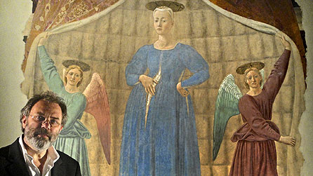 What Is Beauty? Matt Collings with the Madonna del Parto, Monterchi, Italy (image: BBC/Sarah Mortimer)