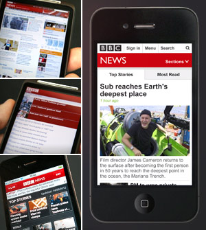Screengrab three options for accessing BBC News on a mobile