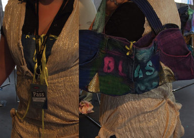 Gold dress and denim bag