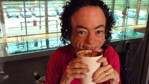 Liz enjoys a hot chocolate