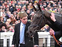 Assistant Dan Skelton leads out Denman