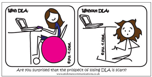 Image 1: Stick woman sits at desk in wheelchair. Caption above reads,