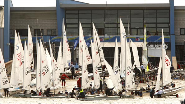 Competitors throng the new Weymouth and Portland National Sailing Academy 