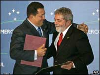 O presidente da Venezuela, Hugo Chávez, e o presidente Luiz Inácio Lula da Silva