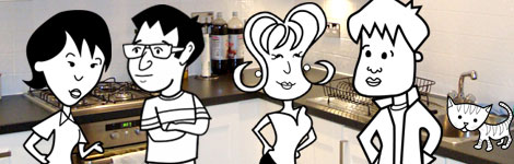 The flatmates and the cat in the kitchen