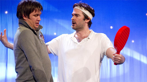 Adam Riches and an audience member