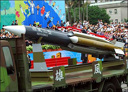 A Taiwanese military vehicle loading a Hsiung-feng III ship-to-ship missile.