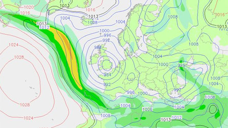 Chart showing the current position of the jetstream today. Copyright: weatheronline.co.uk