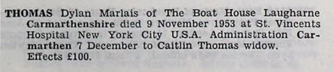 Copy of the online probate record relating to Dylan Thomas. Courtesy of ancestry.co.uk