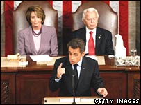 سارکوزی درحال سخنرانی در کنگره آمریکا