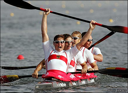 Germany's Birgit Fischer (front) wins her eighth kayak gold medal at the 2004 Athens Games