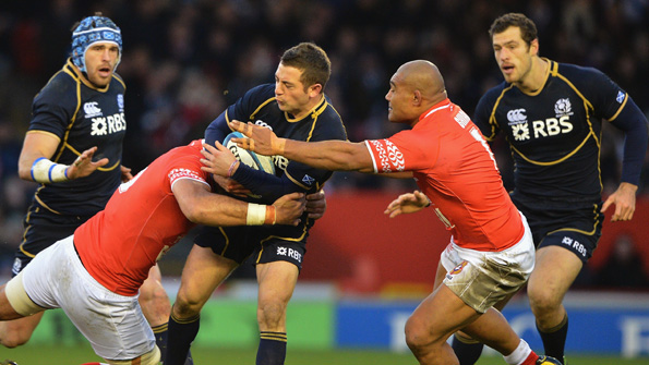 Greig Laidlaw finds progress tough against Tonga, who secured their first win over Scotland at Aberdeen on Saturday. Photo: Getty