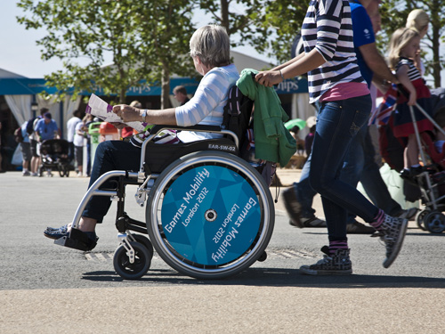 Wheelchair user in the Olympic Park during the London 2012 Paralympics 