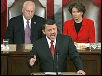 ملک عبدالله کنگره، نانسی پلوسی و دیک چنی پشت سر او نشسته اند