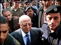 Cerca por seguranças. o primeiro-ministro palestino, Ahmed Korei, chega ao Parlamento