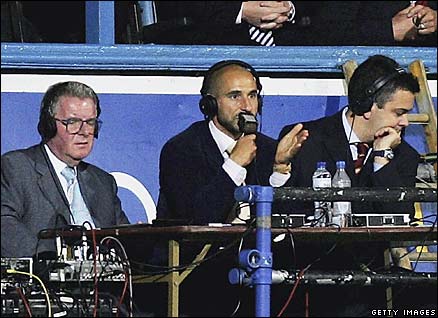 John Motson, Gavin Peacock and producer, Fratton Park