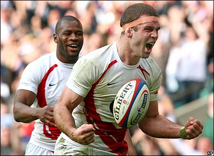 Joe Worsley celebrates his try