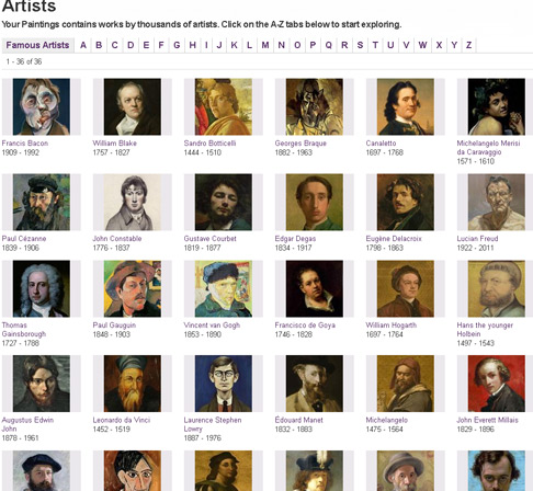 screenshot of Your Paintings artists index page