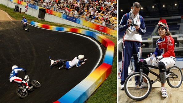 Shanaze Reade falling in Beijing (left) and competing in 2010 (right)