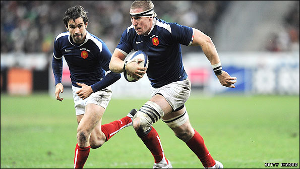 Number eight Imanol Harinordoquy launches a France attack with scrum-half Morgan Parra in support.jpg