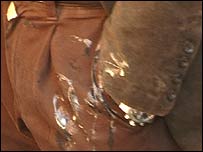 Кишеня штанів Юрія Костенка, на якій видно пляму