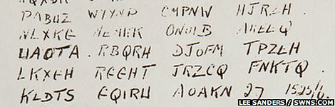 Part of the coded message found attached to the bird's leg