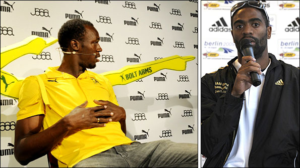 Bolt and Gay at news conferences before their sprint duel