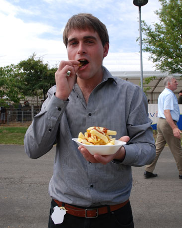 Enjoying a chip on the move, Stuart Anderson has been playing accordion on the Young Farmers stage. A self-employed farm contractor, Stuart supports his earnings by performing at Burns suppers and other occasions.