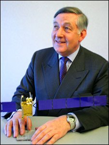 Richard Farrimond with a model of Skynet 5
