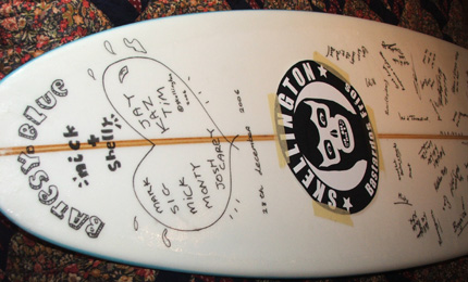 Ready for the hot coat. Taking our inspiration from Dennis in Hawaii, the Skellington crew got a new "Aloha" stick made for newly married Nick Bateson. All the wedding guests were able to sign it.