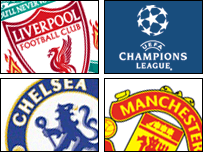 Lô gô ba đội Chelsea, Liverpool, ManU và giải Champions League