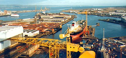 View of Harland & Wolff shipyard taken from Goliath crane, in Feb 1995.