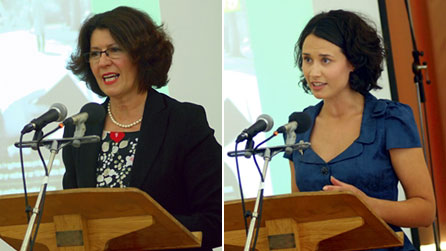 Rhiannon Wyn Hughes, Vice Chairperson of Arts Council Wales, and Welsh language judge Luned Emyr at the Wales Book of the Year 2009 longlist announcement