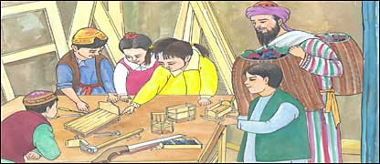 اطفال با بنجاره والا در دکان نجاری