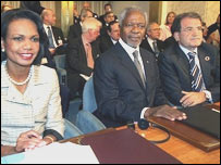 رومانو پرودی، کوفی عنان و کاندوليزا رايس در اجلاس رم