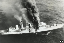 HMS Sheffield on fire