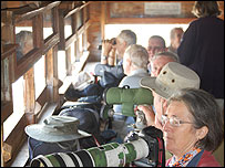 Birdwatchers viewing birds on the lagoon from one of the hides in the nature reserve