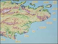 Map of Kent with raised water levels