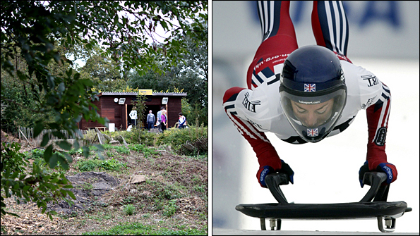 Skeleton training centre at Bath, and Shelley Rudman in action