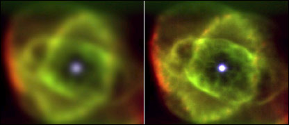 Imagens da Nebulosa do Olho do Gato feitas pelo telescópio convencional Palomar (esq.) e pela câmera Lucky (dir.)