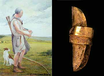 Artist Jane Brayne's depiction of how the Amesbury Archer might have looked and a gold earring from the second burial