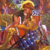 Brightly-coloured painting of George wearing golden armour and embracing the princess, with the dragon's head visible in a cart next to them