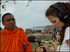 Producer Jo Mathys recording an interview for Crossing Continents' Cambodia: Country for Sale