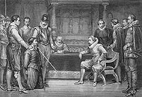 Guy Fawkes being interrogated by King James VI of Scotland and I of England
