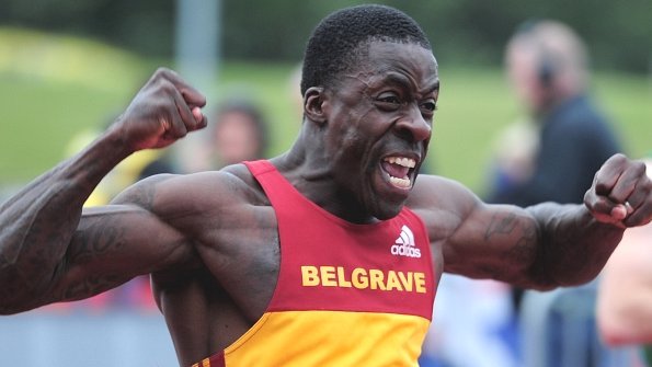Dwain Chambers celebrates his 100m victory the Trials.