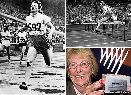 Fanny Blankers-Koen competing at the 1948 Olympics and with her female athlete of the century award in 1999