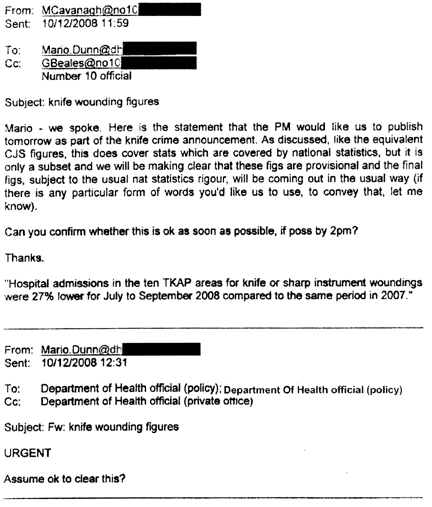 OCR reads: From. MCavanaqhno1C Sent: 1O/1V2008 1159 To: Mano.Dunnd_ Cc: GBealesno1C Number 10 offictal Subject: knife wounding figures Mario - we spoke . Here is the statement that the PM would like us to publish tomorrow as part of the knife crime announcement . As discussed, like the equivalent CJS figures, this does cover stats which are covered by national statistics, but it is only a subset and we wilt be making clear that these figs are provisional and the final figs, subject to the usual nat statistics rigour, will be coming out in the usual way (if there is any particular form of words you'd like us to use, to convey that, let me know). Can you confirm whether this is ok as soon as possible, if pass by 2pm? Thanks. 'Hospital admissions in the ten TKAP areas for knife or sharp instrument woundings were 27% lower tar July to September 2008 compared to the same period in 2007 .' From: Mano.DundL Sent: 10/12/2008 12:31 To: Department of Health official (policy) ; Department Of Health official (policy) Cc: Department of Health official (private onice) Subject: Fw: knife wounding figures URGENT Assume ok to clear this?