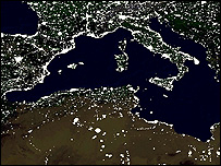 Satellite image of western Mediterranean at night