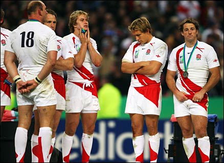Lawrence Dallaglio, Mike Catt, Mathew Tait, Jonny Wilkinson and Andy Gomarsall of England show their dejection following defeat in the Rugby World Cup final