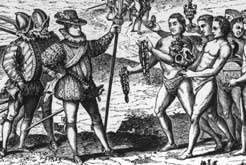 Italian explorer Christopher Columbus (C) being greeted by native Americans upon arrival in New World